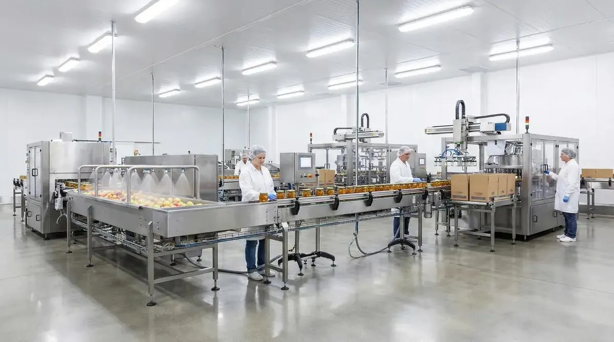 Ligne de conditionnement de bocaux en inox avec des opérateurs en blouse et charlotte